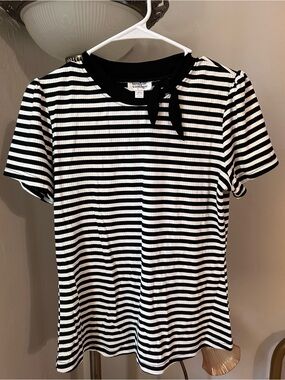Unique Vintage Black and White Striped Fitted Tie Tee shirt top retro punk